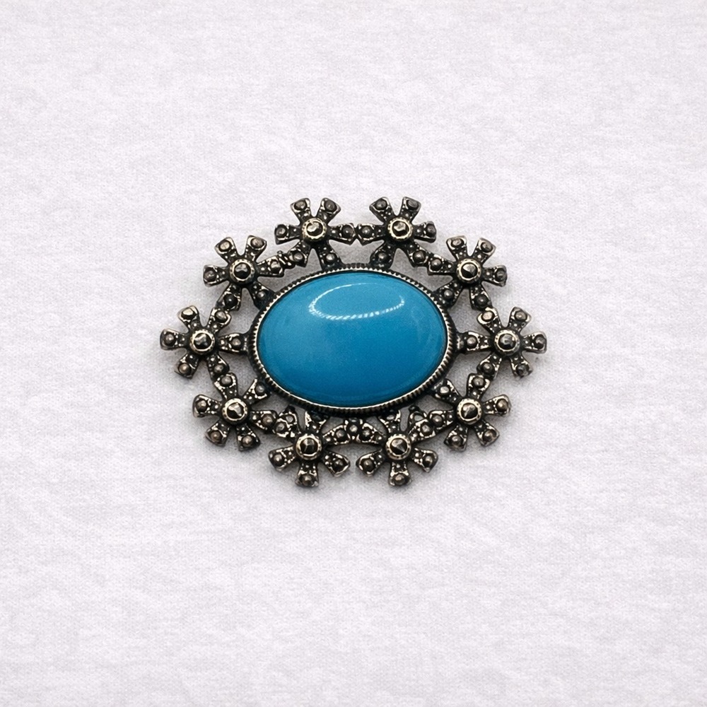 Vintage 925 Sterling Silver Turquoise Cabochon Marcasite Starburst Brooch Pin